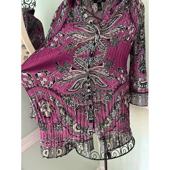ALFANI WOMAN Purple Black Line Paisley PRINT STRETCHY Collared TUNIC TOP SIZE 12 - Picture 4 of 4